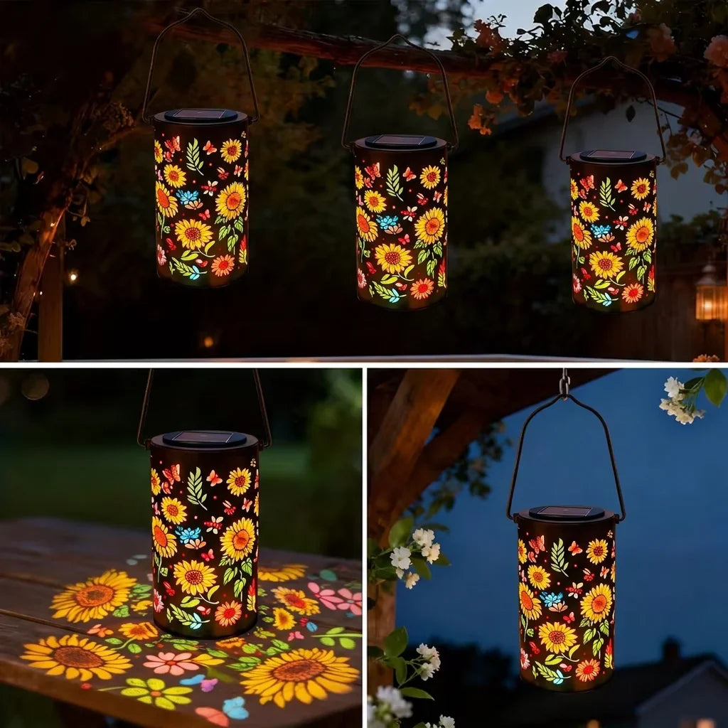 Set of three hanging sunflower solar lanterns with black lids, outdoor garden lights