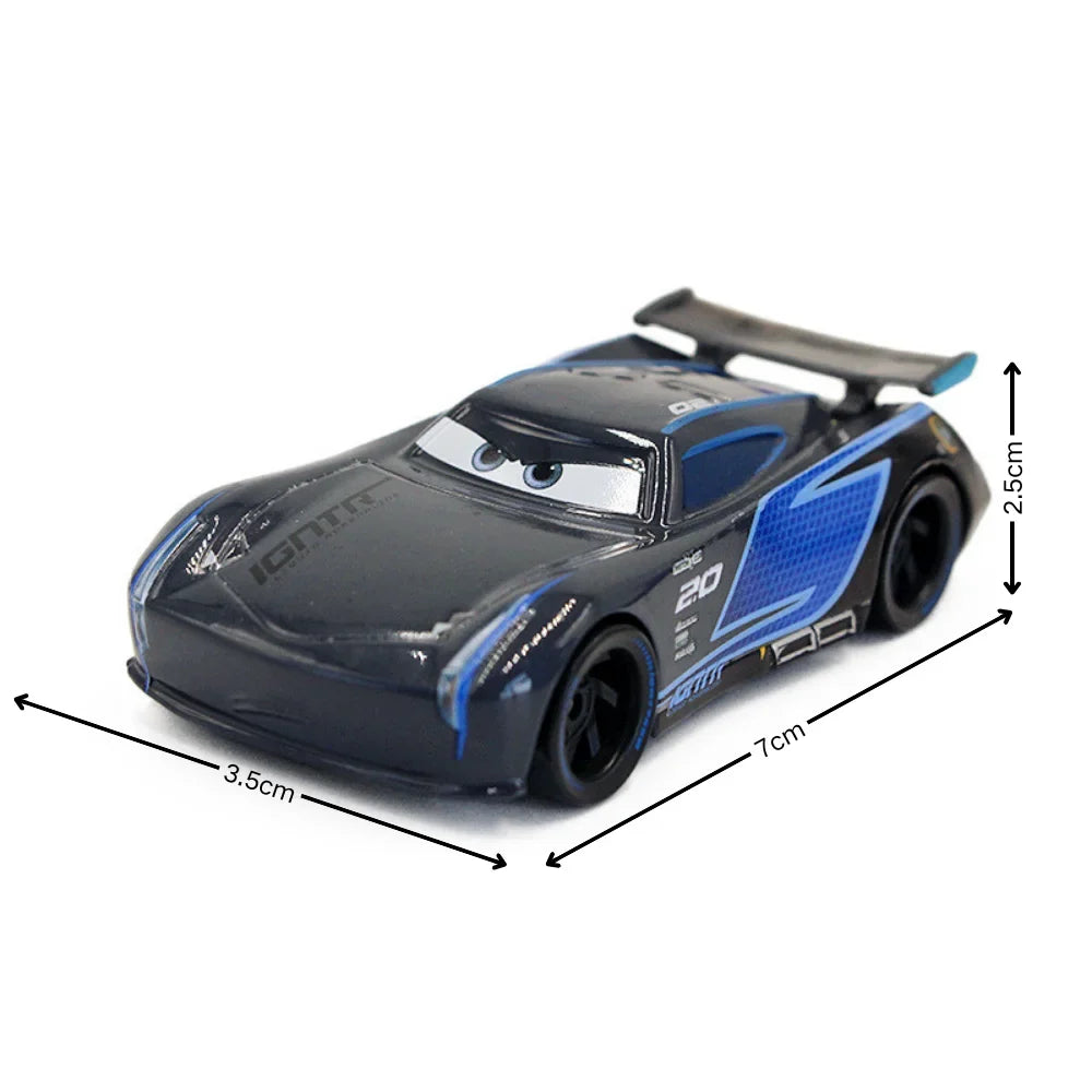 Diecast racing car model toy in dark gray with blue stripes, cartoon eyes, and spoiler