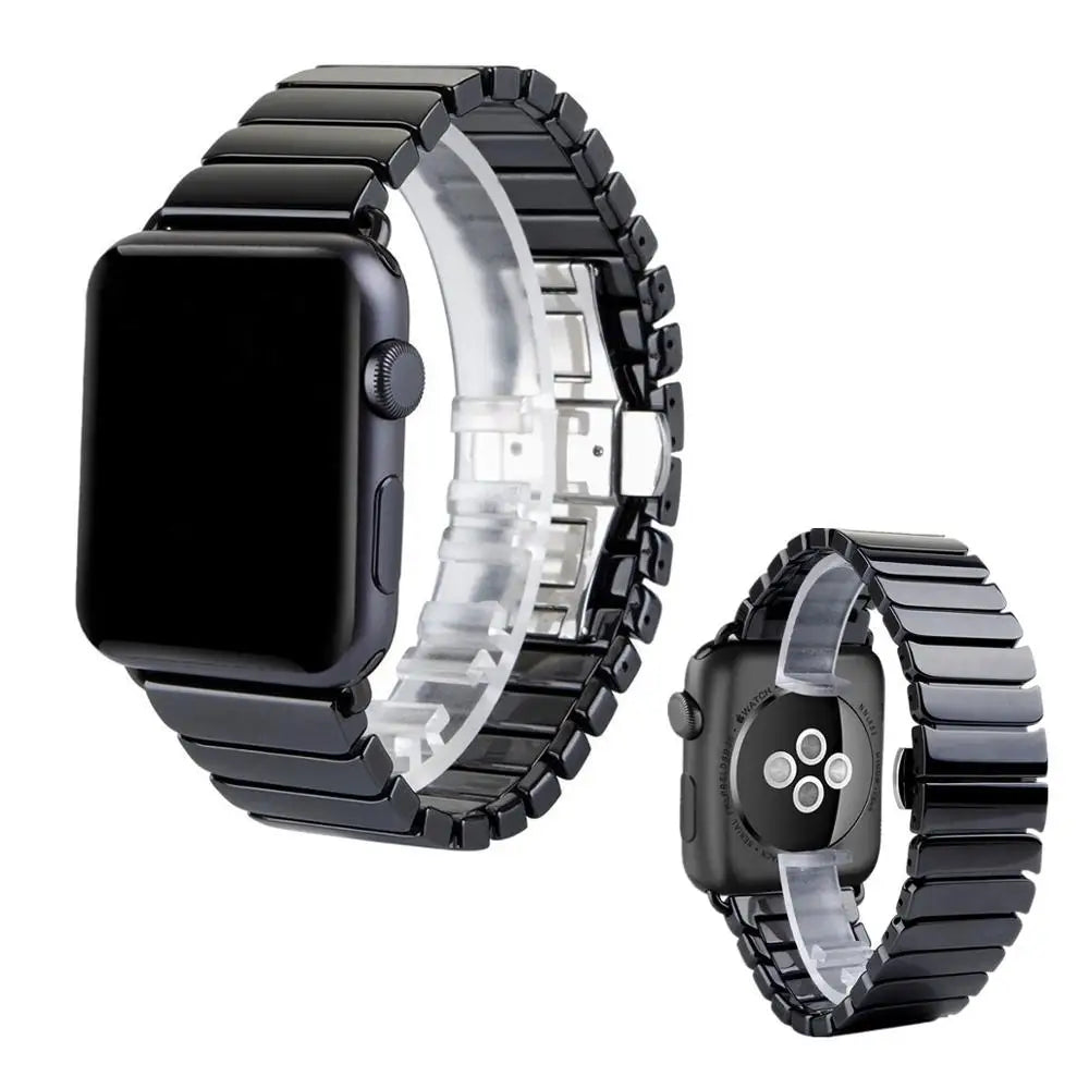 Ceramic link watch band with stainless clasp, black flat links, shown with watch cases