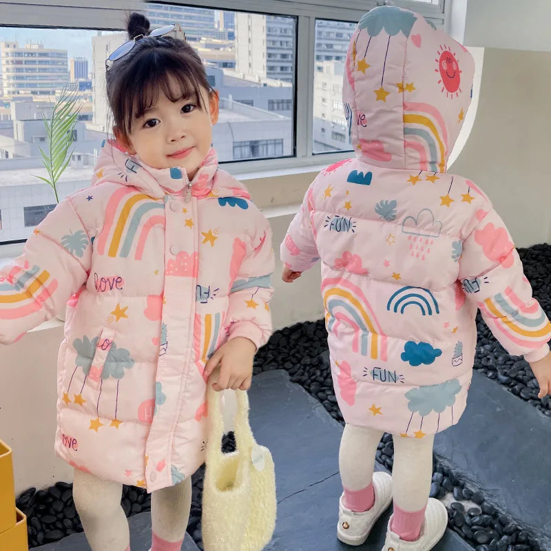 Kids hooded puffer jacket, light pink with rainbow and cloud animal print, full zip