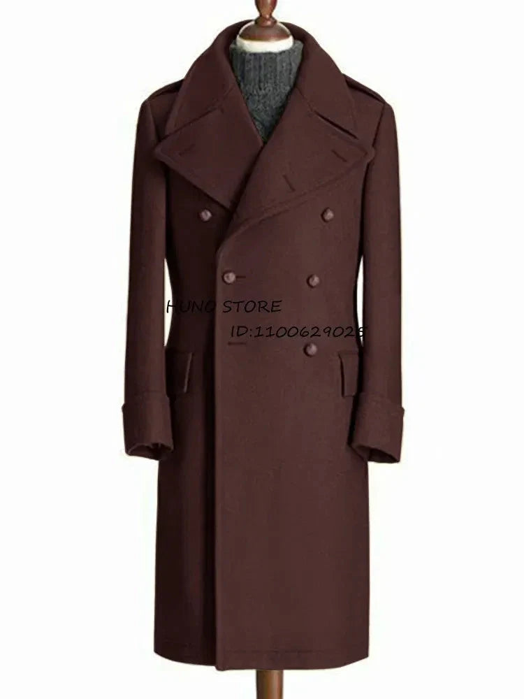 Men's long wool double-breasted coat with lapels, dark brown, on mannequin