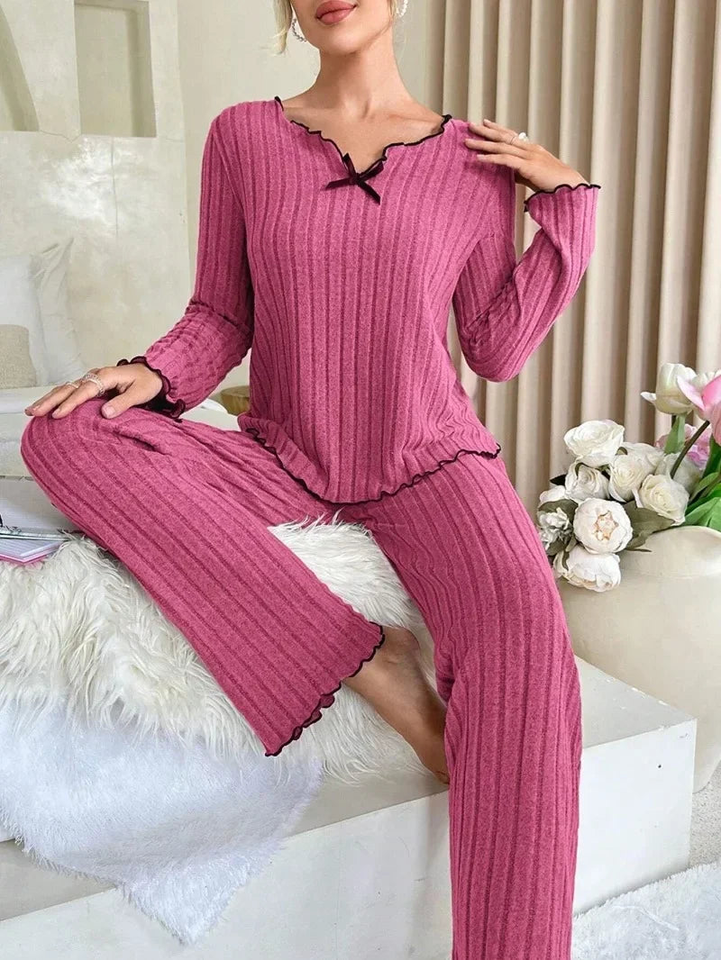 Women’s long-sleeve pajama set in mauve rib knit with scallop-trim neckline and pants