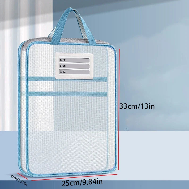 Blue A4 double-layer mesh zipper storage bag with carry handle and label window