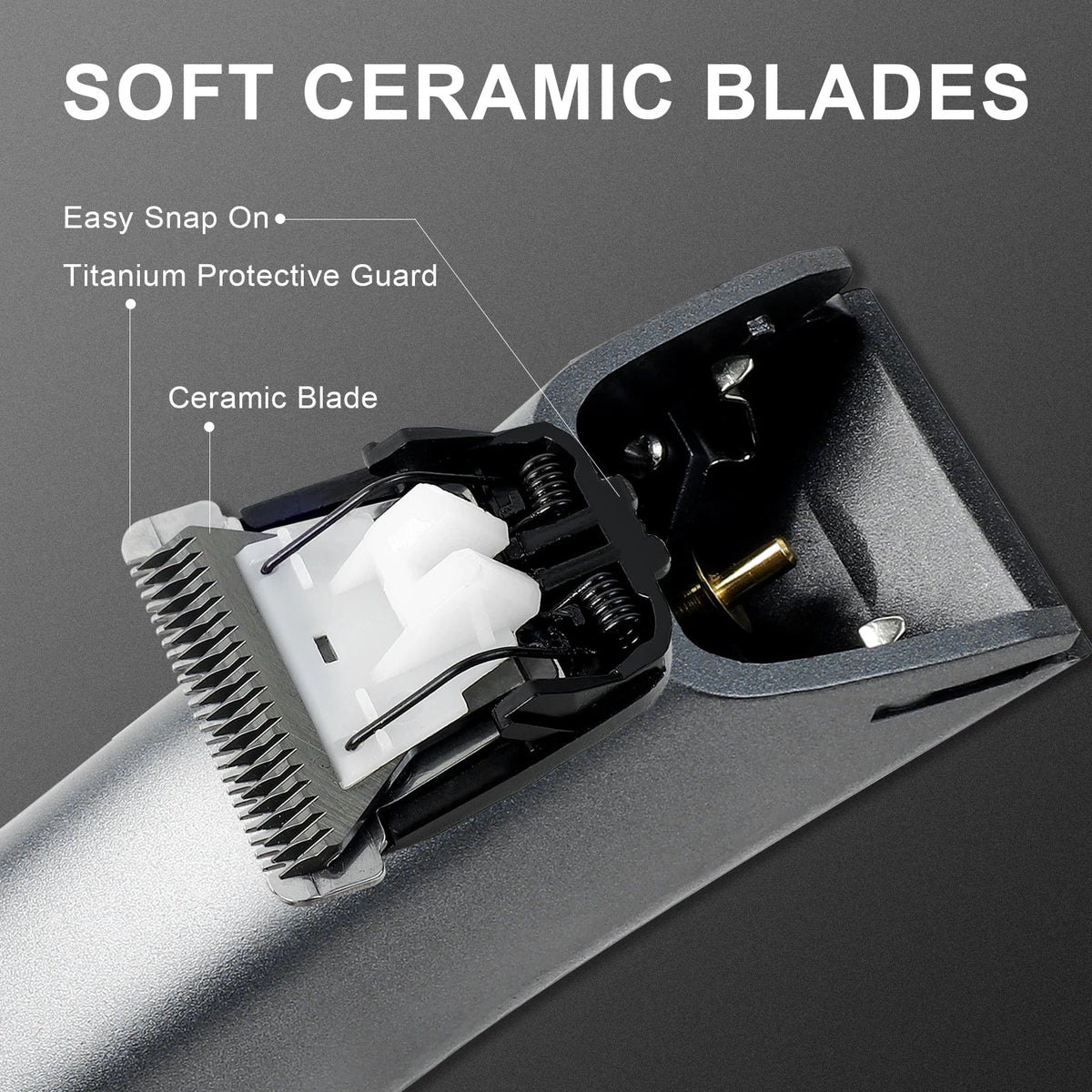 Black electric grooming trimmer with exposed ceramic blade and protective guard