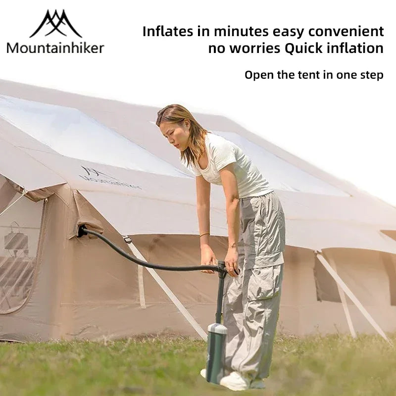 Mountainhiker inflatable tent being set up with air pump for quick inflation