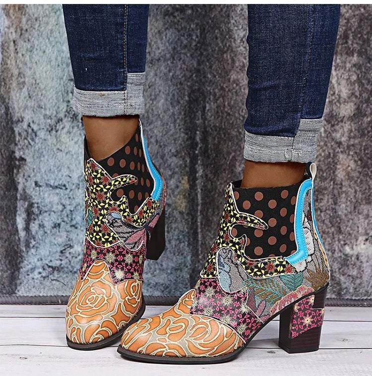 Women’s ankle boots with multicolor dot and rose pattern plus chunky block heel