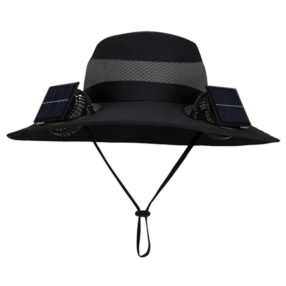 Black solar fan fisherman hat with wide brim and side solar panels