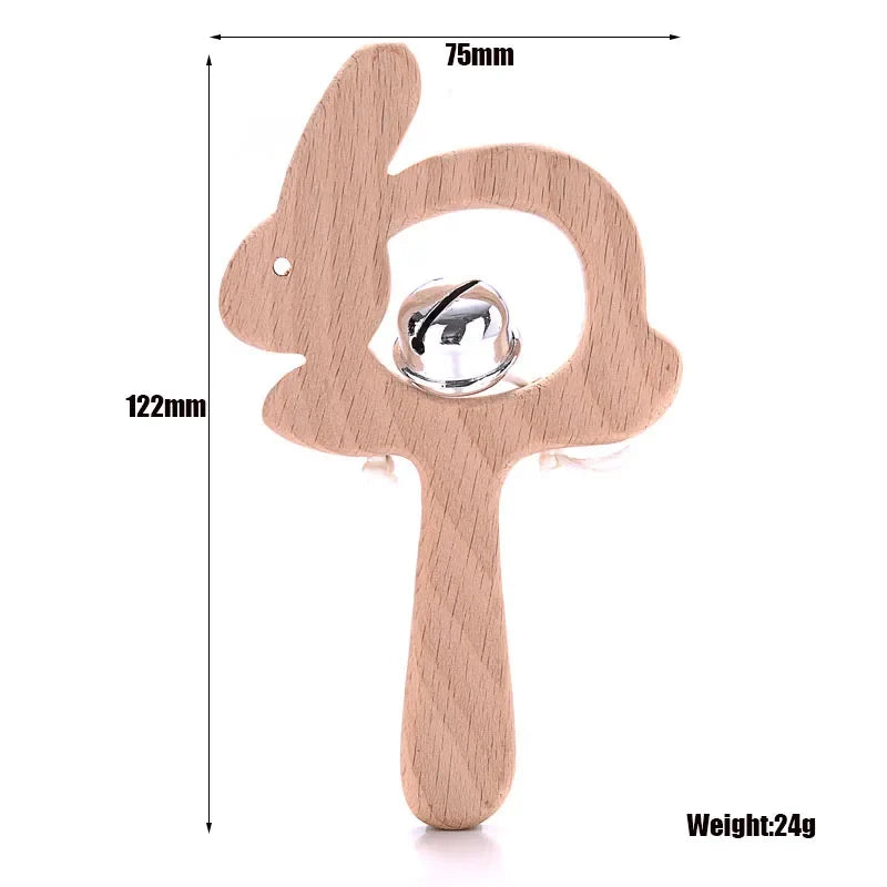 Beech wood rabbit ring teether with metal rattle bell, with size dimensions shown