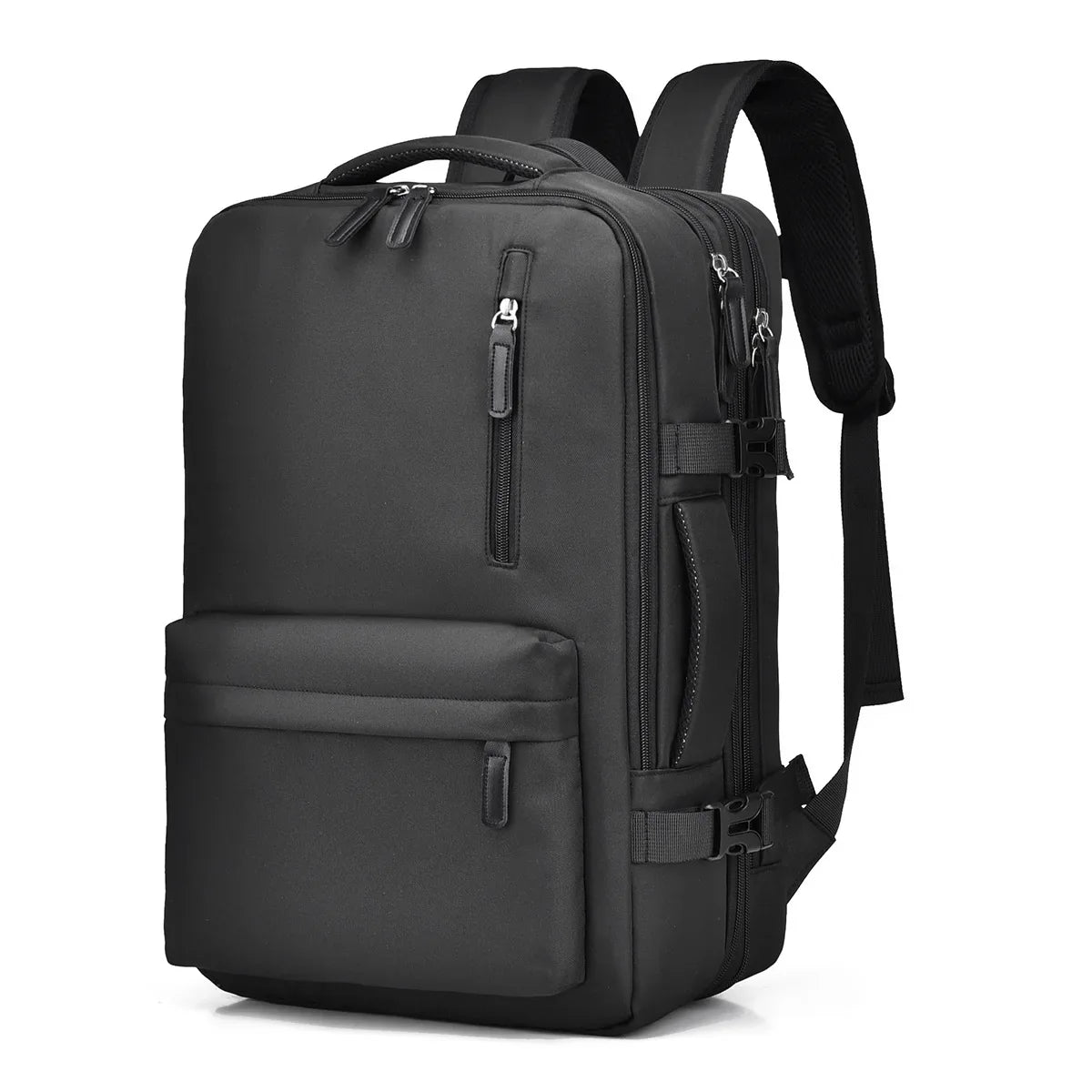 Black cabin hand-luggage backpack with padded front panel and adjustable shoulder straps
