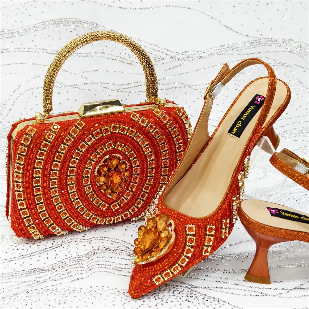 Orange rhinestone wedding heels with jeweled bow and matching beaded handbag set
