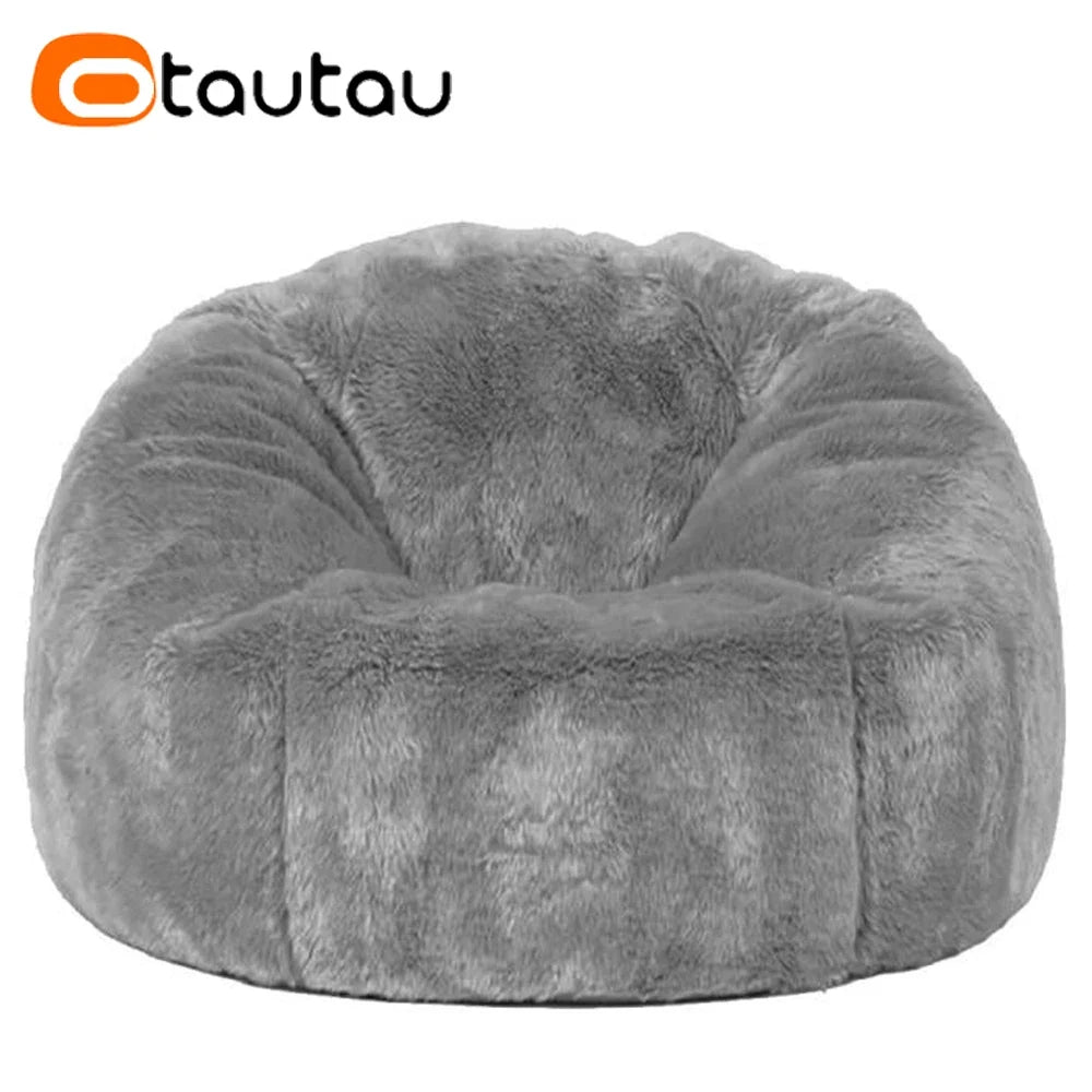 Light gray faux fur bean bag pouf cover with rounded bean shape and stitched panels
