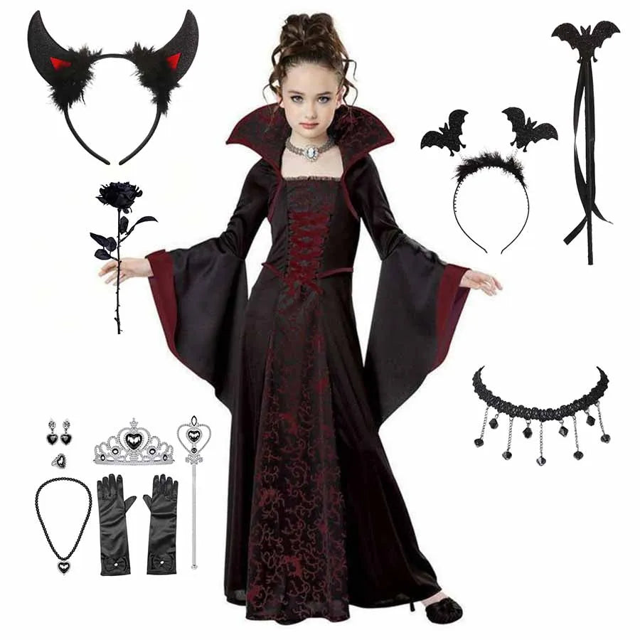 Kids vampire gothic dress with black cape, burgundy bodice, and bat headband