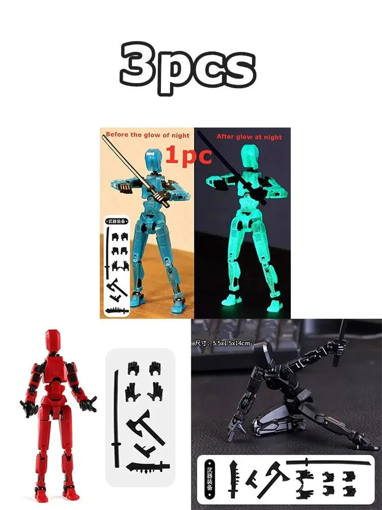 Multi-jointed robot action figure set with glowing accents and accessory pieces