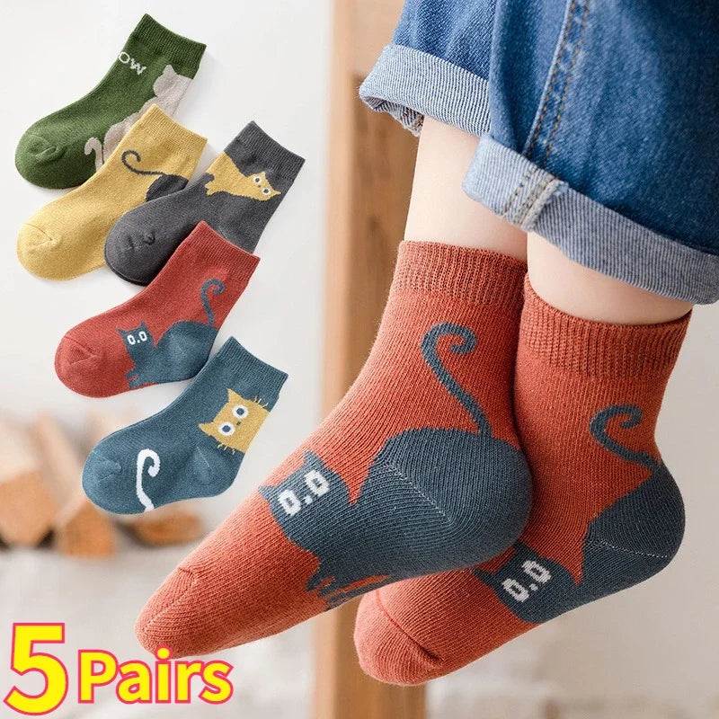 Kids cartoon cat crew socks, 5-pack assorted colors: green orange blue gray yellow
