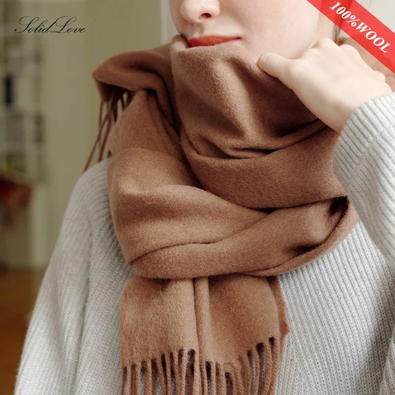 100% wool winter scarf in warm brown, wrapped and draped with fringed ends