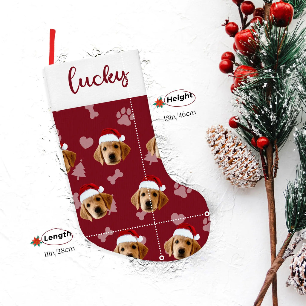 Close-up personalized dog Christmas stocking, burgundy and white with “Lucky”