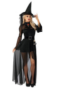 Black witch dress with tall pointed hat, fitted bodice, sheer overlay, and fishnet tights
