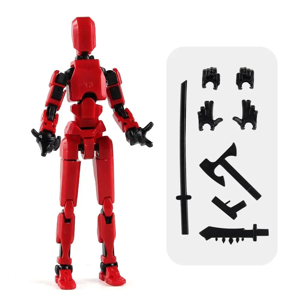 Red multi-jointed robot action figure standing, with black hands and accessory pieces