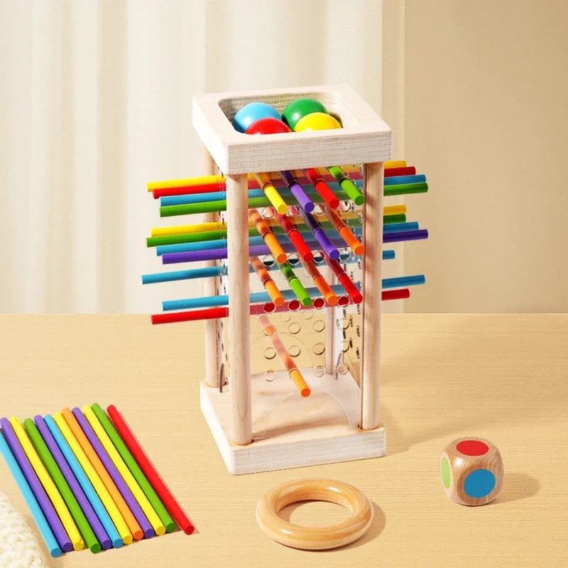 Wooden stick battle puzzle tower with colorful sticks and wooden dice pieces