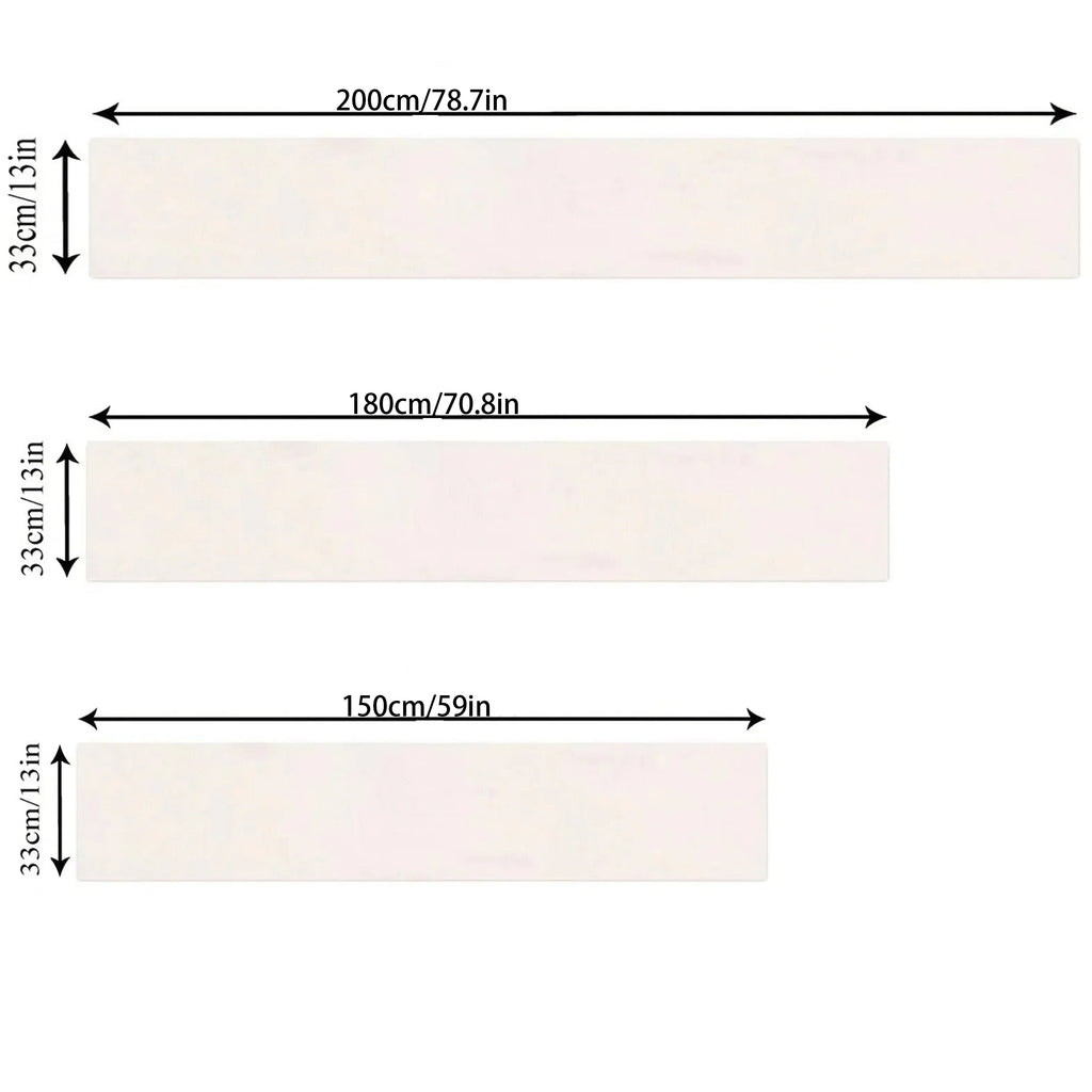 Linen table runner size chart showing 200cm, 180cm, and 150cm lengths