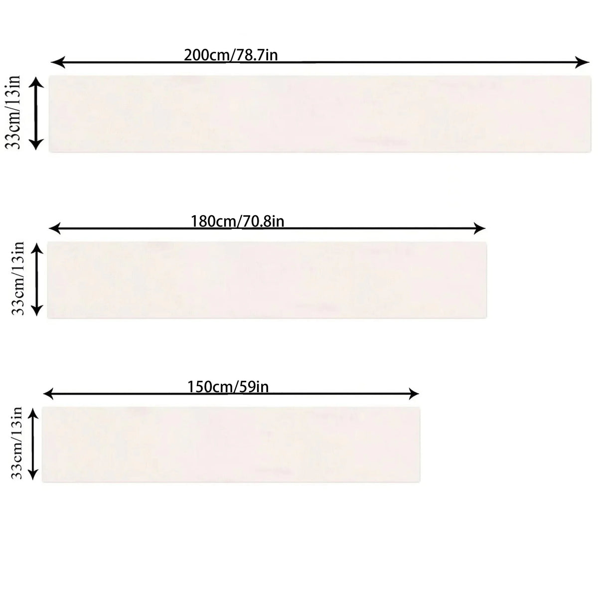 Linen table runner size chart showing 200cm, 180cm, and 150cm lengths