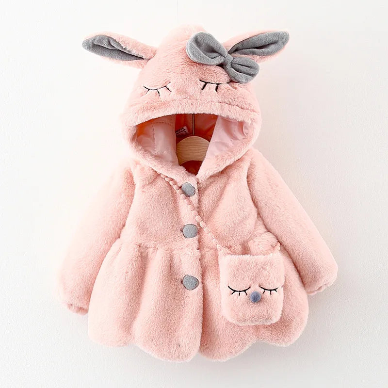 Newborn girls bunny-ear hooded faux-fur jacket in light pink with pom accents
