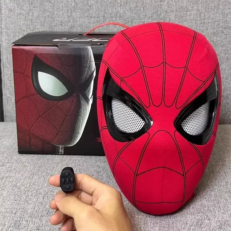 Red Spider-Man electronic mask with glowing mesh eyes and small remote