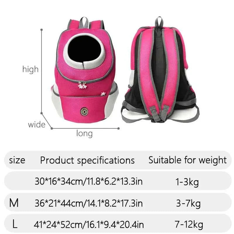 Pink breathable pet carrier backpack showing side view and adjustable straps