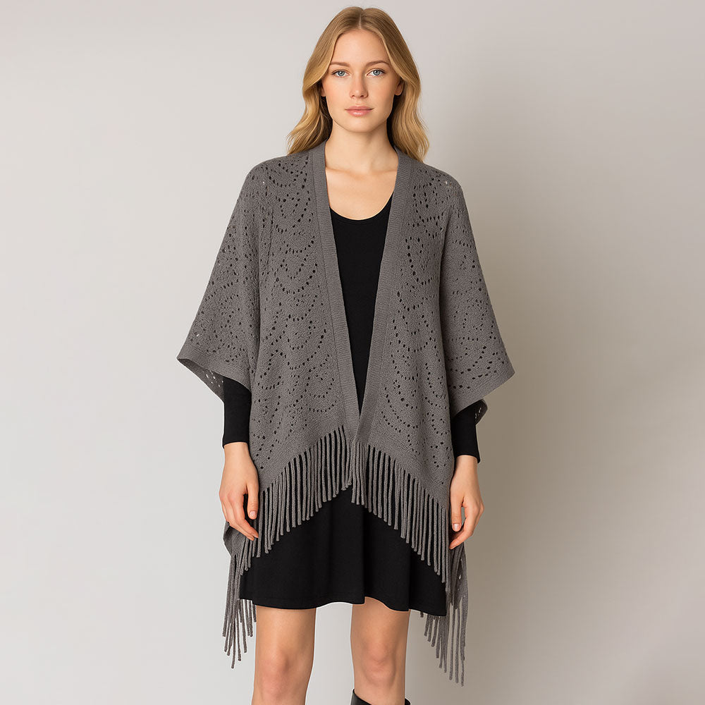 Gray open-knit crochet shawl wrap with draped front and long fringe hem