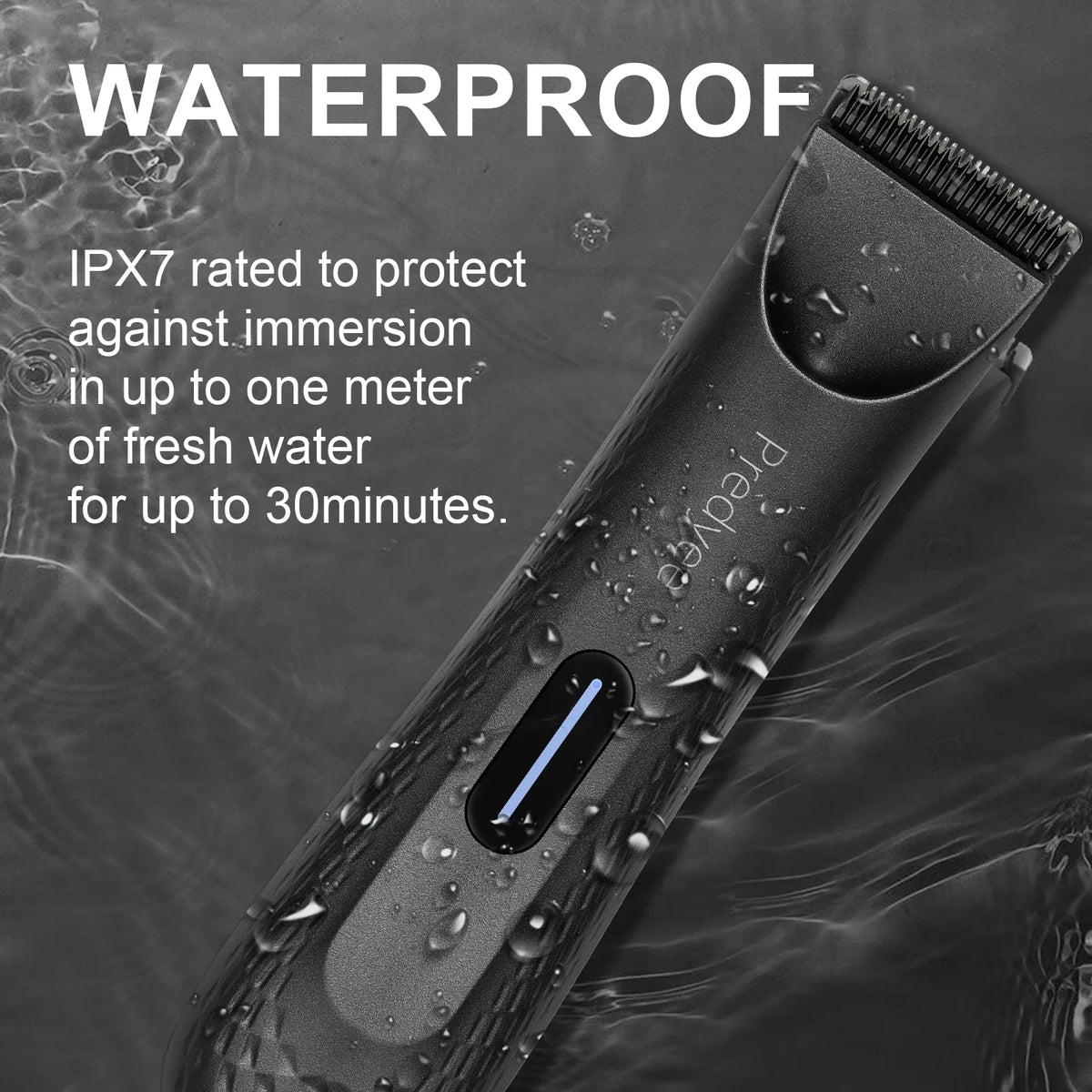Dark gray waterproof electric hair trimmer shown with water droplets on body