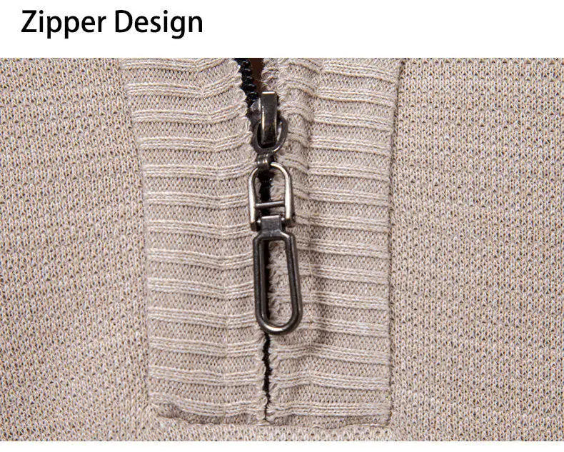 Beige sweater half-zip design with metal zipper and pull tab