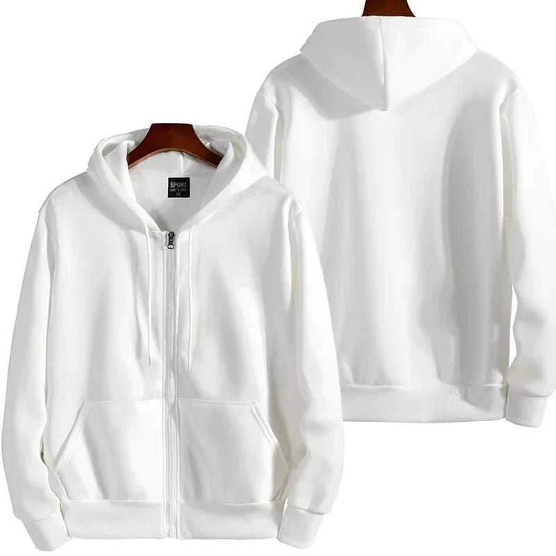 Mens white zip-up hoodie, shown front and back; hood with drawstrings, long sleeves