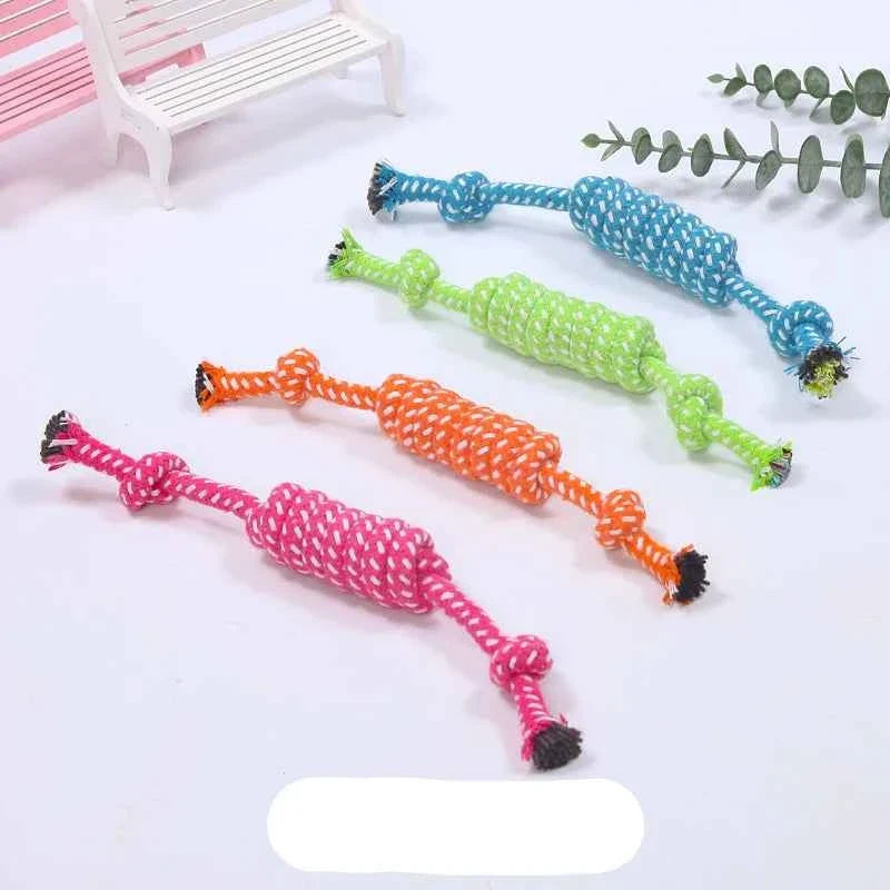 Braided rope tug toys with twisted ends in blue, green, orange, and pink with small pom detail