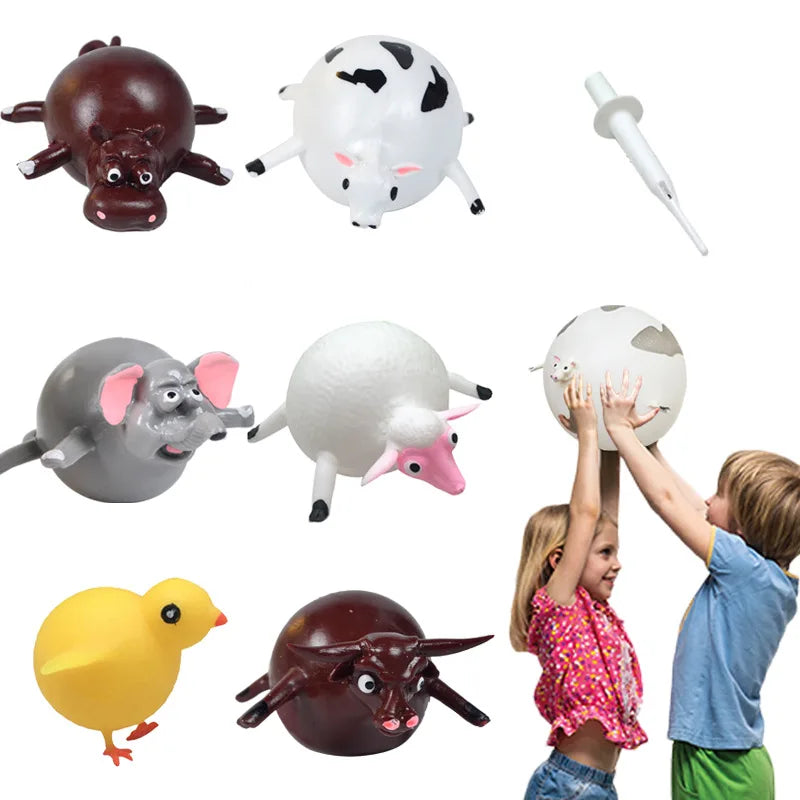 Assorted inflatable squeeze vent fidget balls in animal shapes, mixed colors.