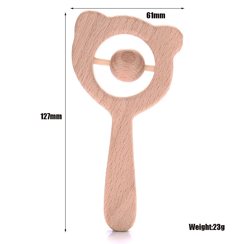 Wooden animal ring baby teether with circular teething ring and rounded top handle