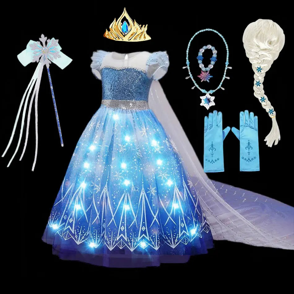 Glowing blue princess LED dress with glitter bodice, off-shoulder mesh sleeves