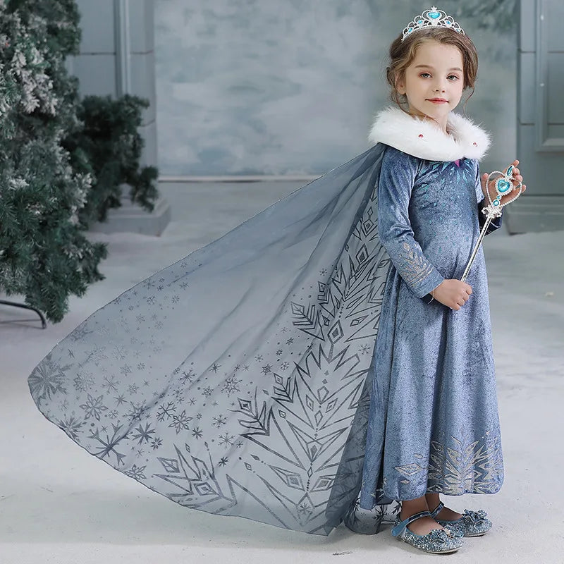 Girls blue princess dress with white fur collar and sheer star-pattern cape