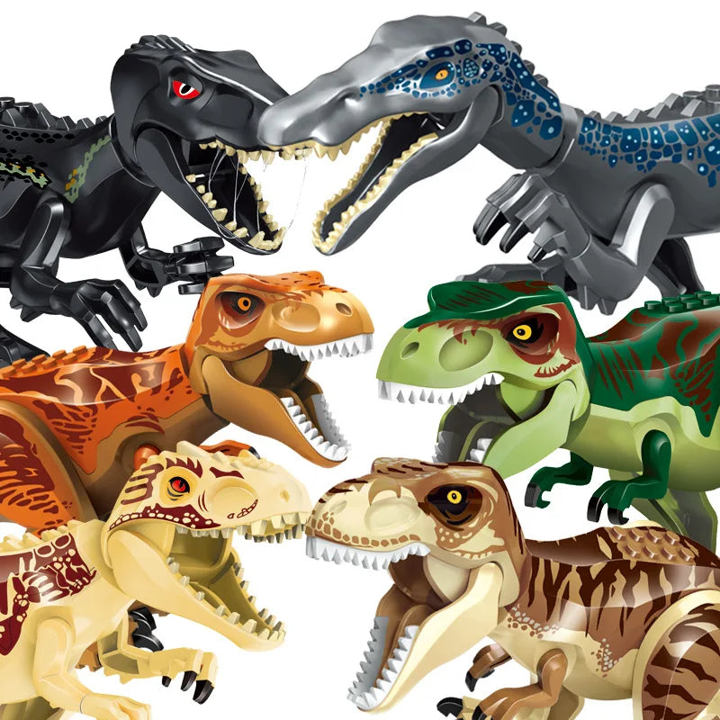 Dinosaur building block figures with dark gray and green, plus orange, tan, and blue markings
