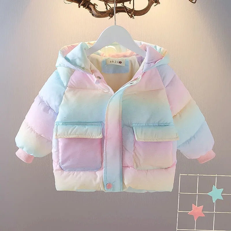 Kids' pastel rainbow hooded puffer jacket with snap front and chest pockets