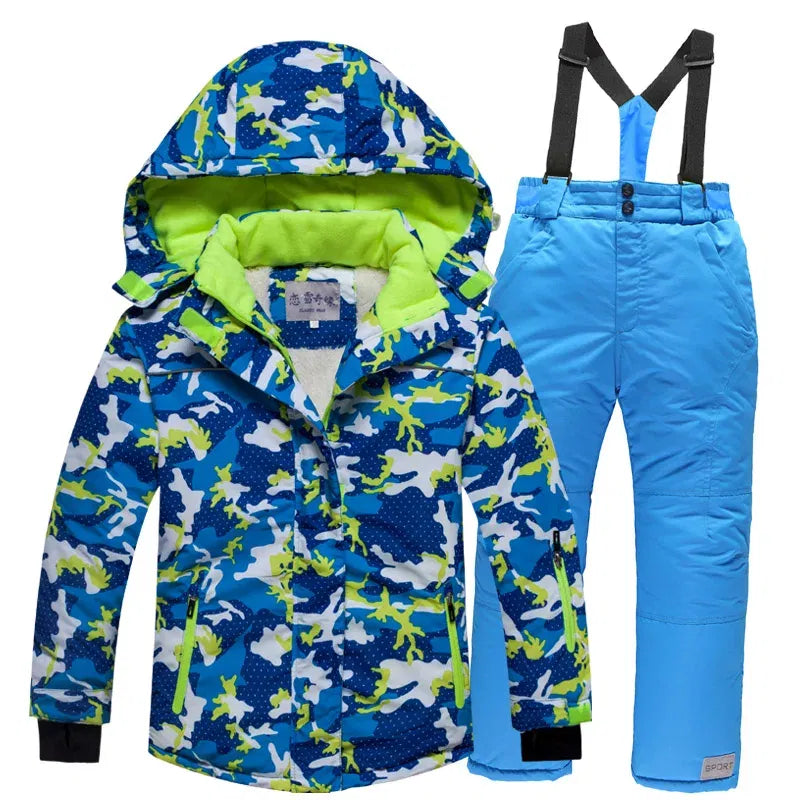 Kids blue camo ski jacket with green hood lining and blue snow bib pants
