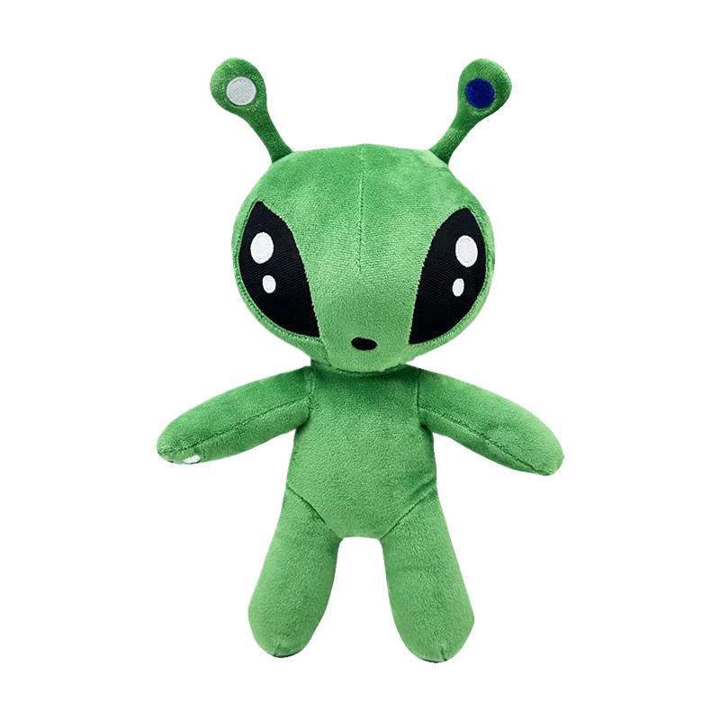 Green alien plush toy, full body view with horn tentacles and black eye panels