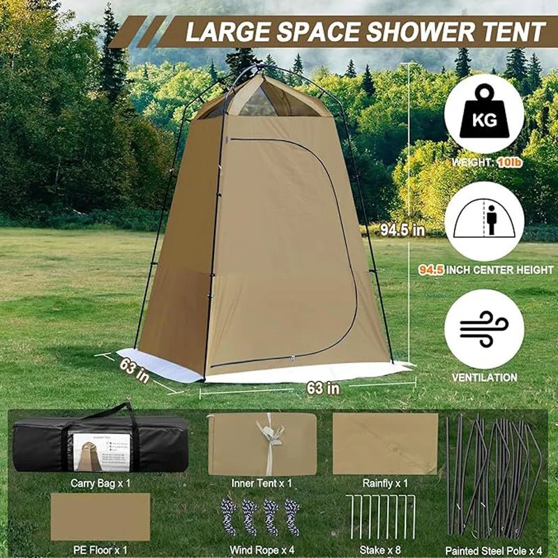 Beige large shower tent with tall front door panel and white ground skirt.