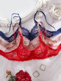 Three lace underwire push-up bras in navy, blush pink, and red, front view