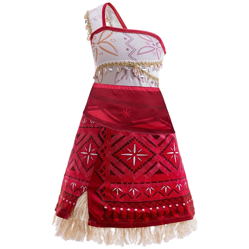 Kids princess costume dress front view with red geometric panels and fluffy tulle hem