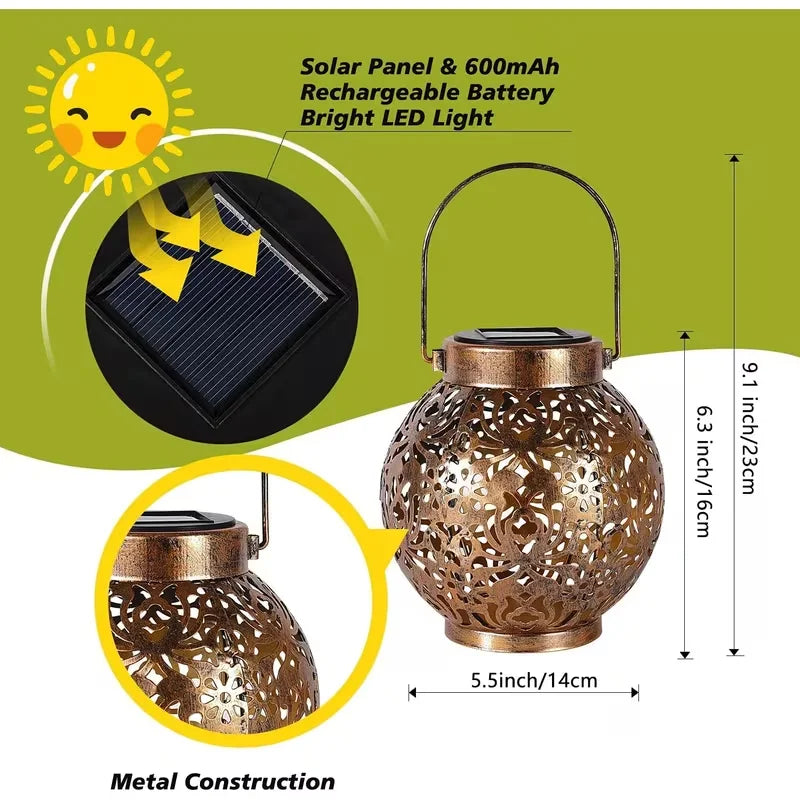 Solar panel bronze iron lantern with carved globe cutouts and hanging handle