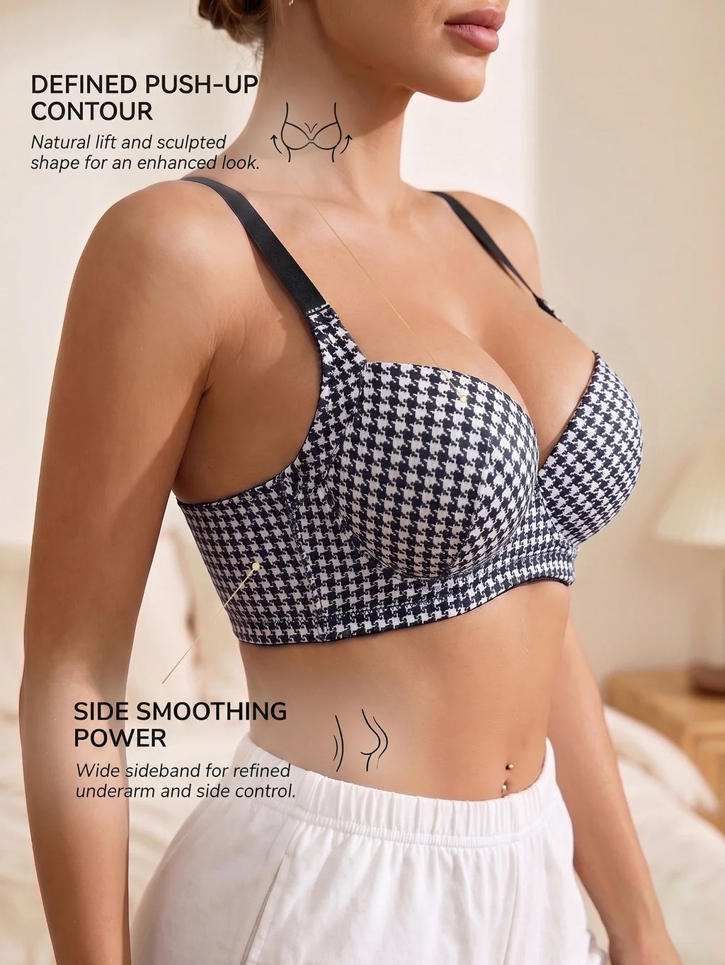 Blue houndstooth push-up bra with side smoothing and defined lift contour.