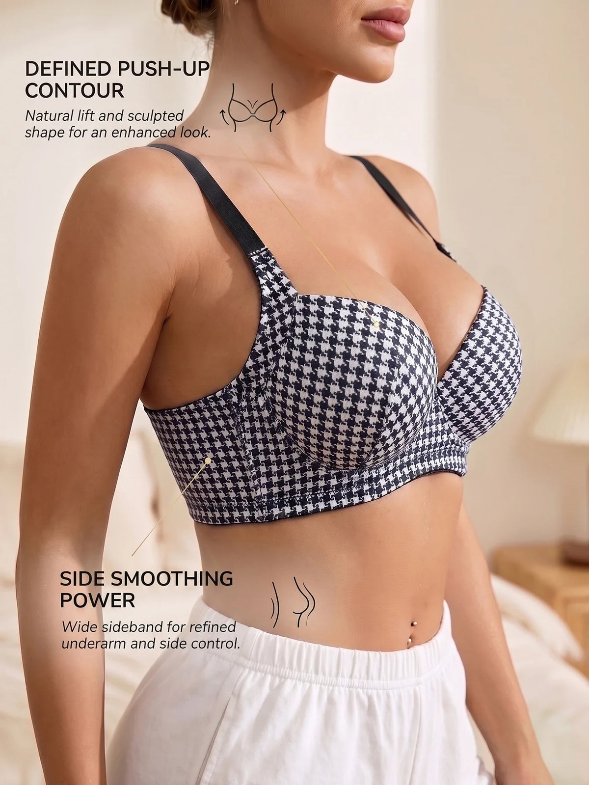 Women’s houndstooth push-up bra in dark blue with side smoothing and underwire.