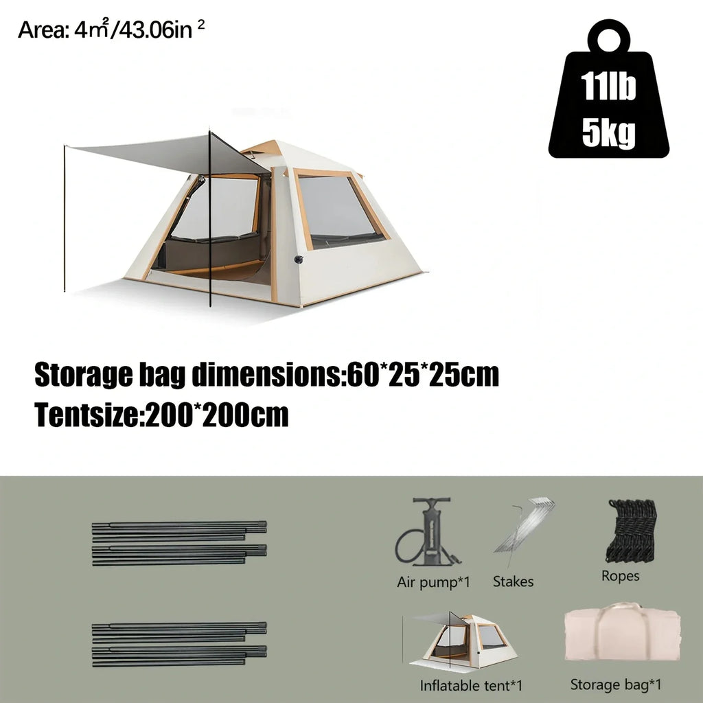 White inflatable camping tent with two side doors, air pump, stakes, and ropes included