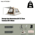 White inflatable camping tent with two side doors, air pump, stakes, and ropes included