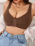 Brown lace-trim front-clasp bra, wireless unlined design